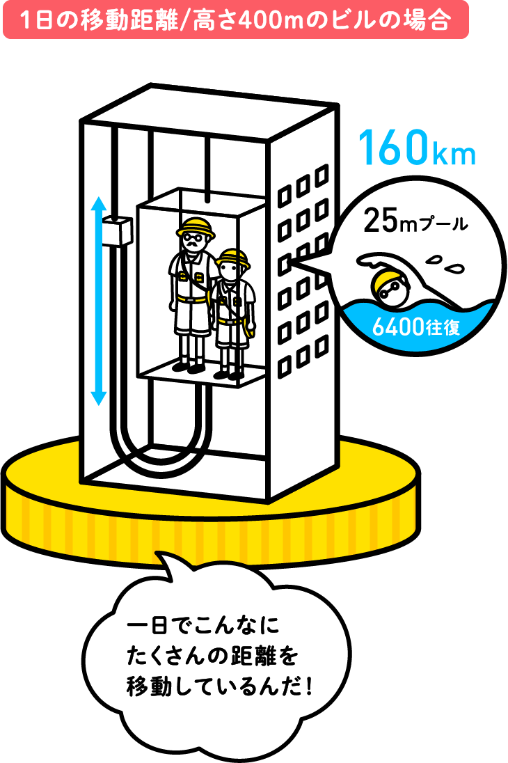 １日の移動距離/高さ400mのビルの場合 160km 25mプール6400往復 「一日でこんなにたくさんの距離を移動しているんだ！」