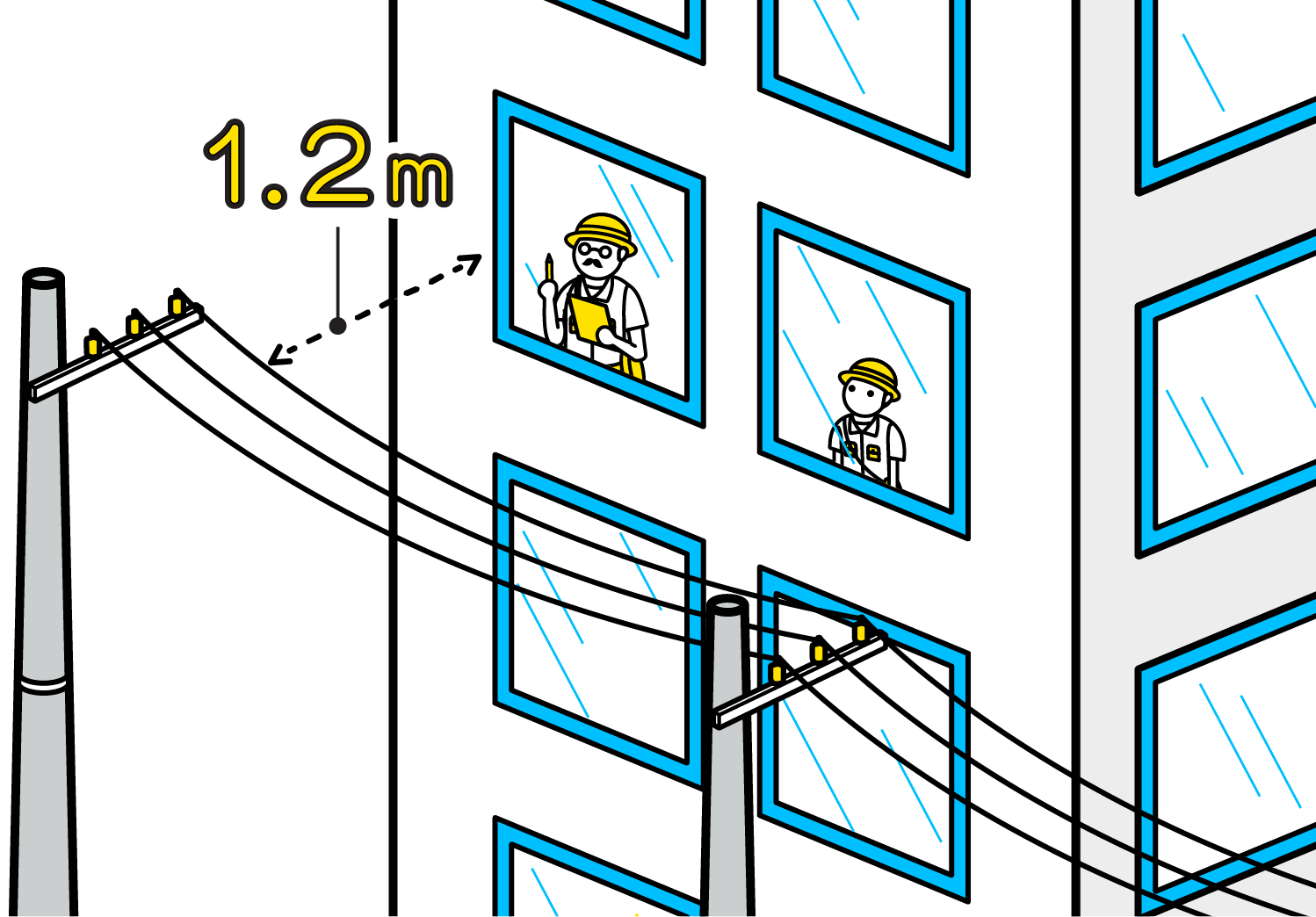 距離1.2メートル ビルの窓から電線を見ているイラスト