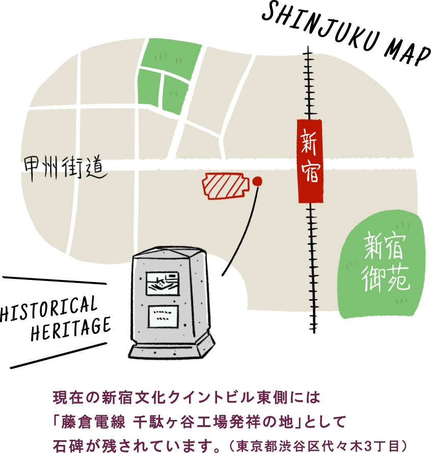 新宿の地図のイラスト SHINJUKU MAP HISTORICAL HERITAGE 現在の新宿文化クイントビル東側には「藤倉電線 千駄ヶ谷工場発祥の地」として石碑が残されています。（東京都渋谷区代々木3丁目）