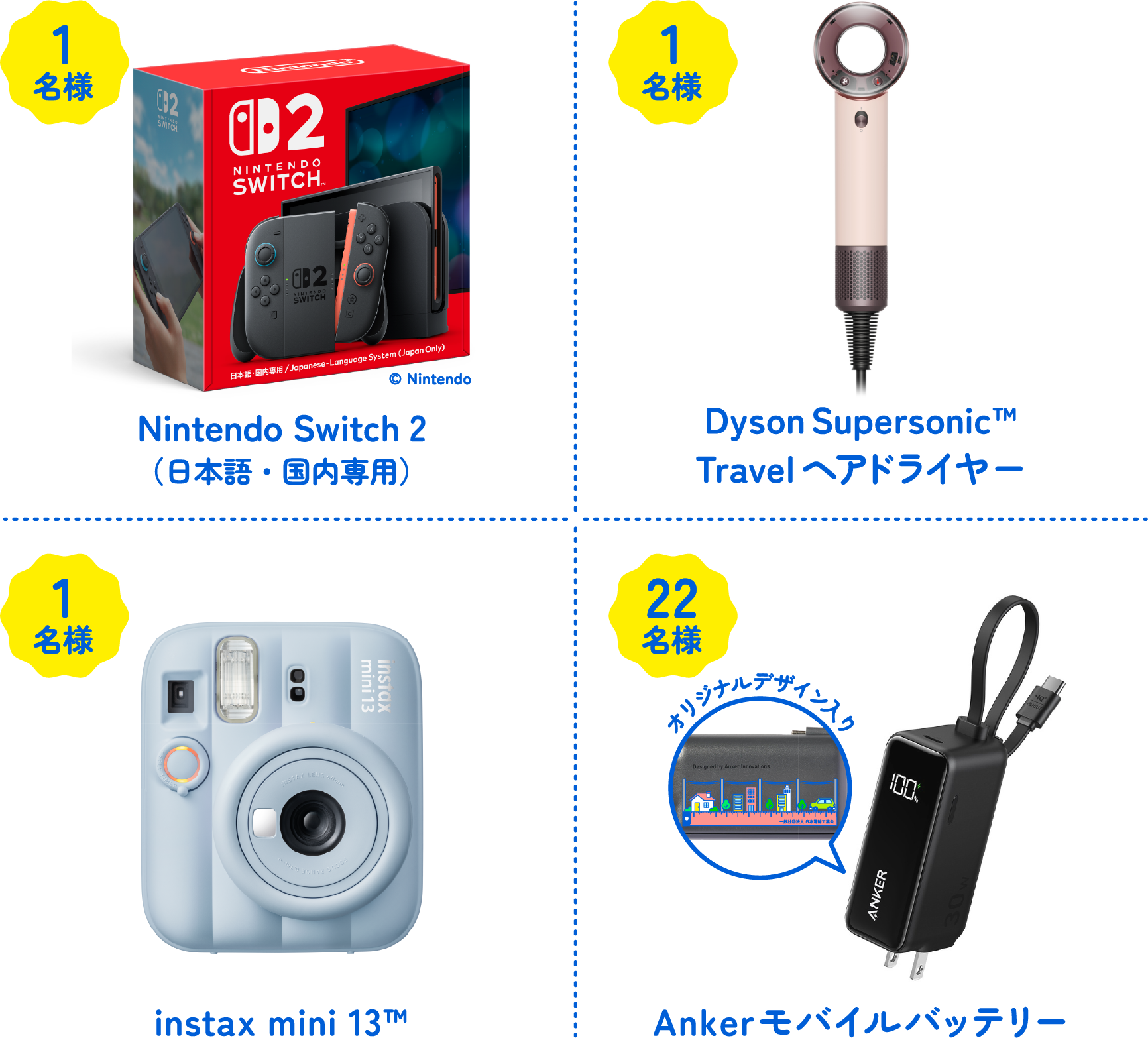 1名様「Nintendo Switch 2(日本語・国内専用)」1名様「Dyson Supersonic™ Travelヘアドライヤー」1名様「instax mini 13™」22名様「Ankerモバイルバッテリー  オリジナルデザイン入り」